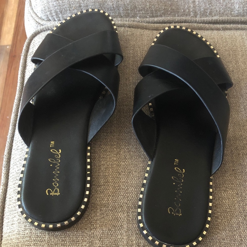 Bonnibel Black Cross-Band Slide Sandals with Gold Stud Trim